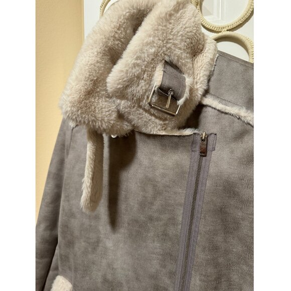 Faux Sherling Thick Winter Coat, Ash Grey with Beige Faux Fur, Zip up, New - Picture 3 of 6